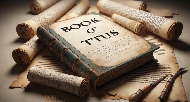 Imagen de un libro abierto con el título Libro de Tito rodeado de pergaminos antiguos.'