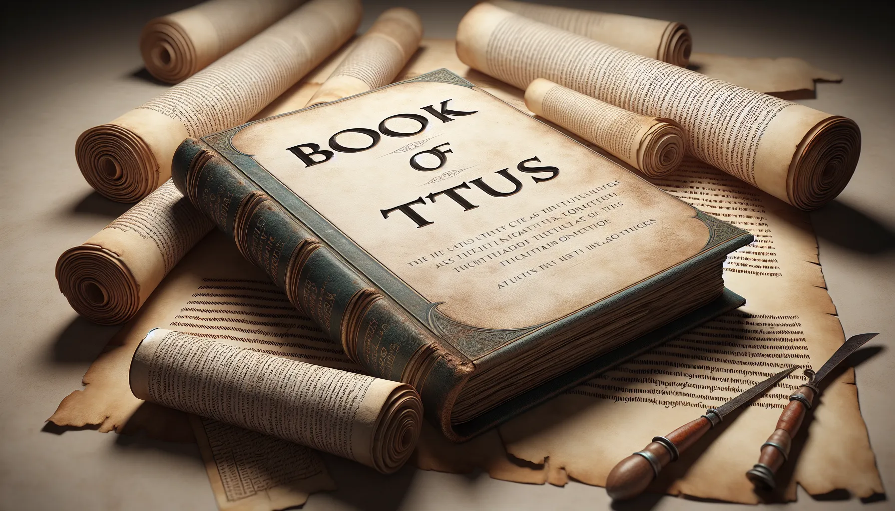 Imagen de un libro abierto con el título Libro de Tito rodeado de pergaminos antiguos.'