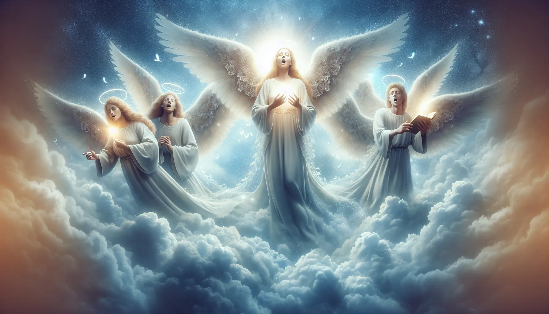 Imagen de Ángeles rodeados de luz celestial y cantando en el cielo mientras transmiten paz y armonía.
