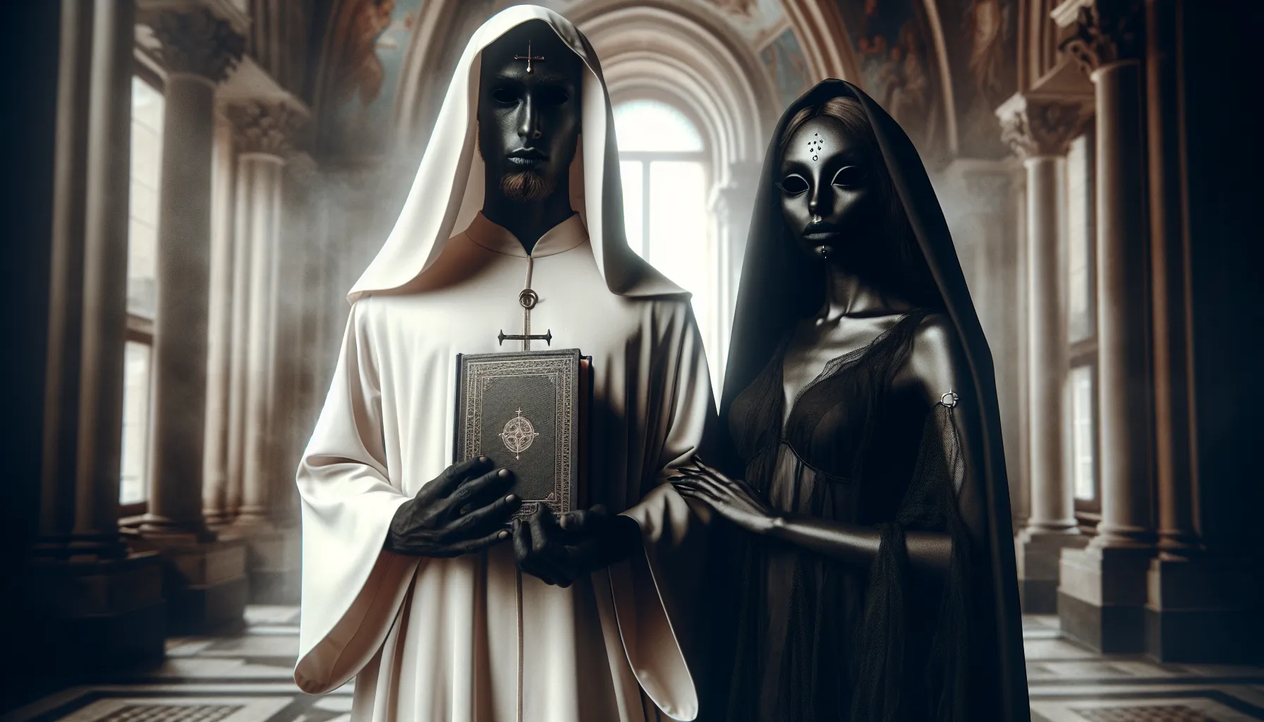 Imagen ilustrativa de dos figuras misteriosas sosteniendo un libro sagrado, representando a los dos Testigos del Apocalipsis según la Biblia.
