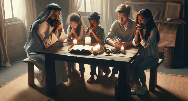 Ilustración de una familia unida rezando juntos
