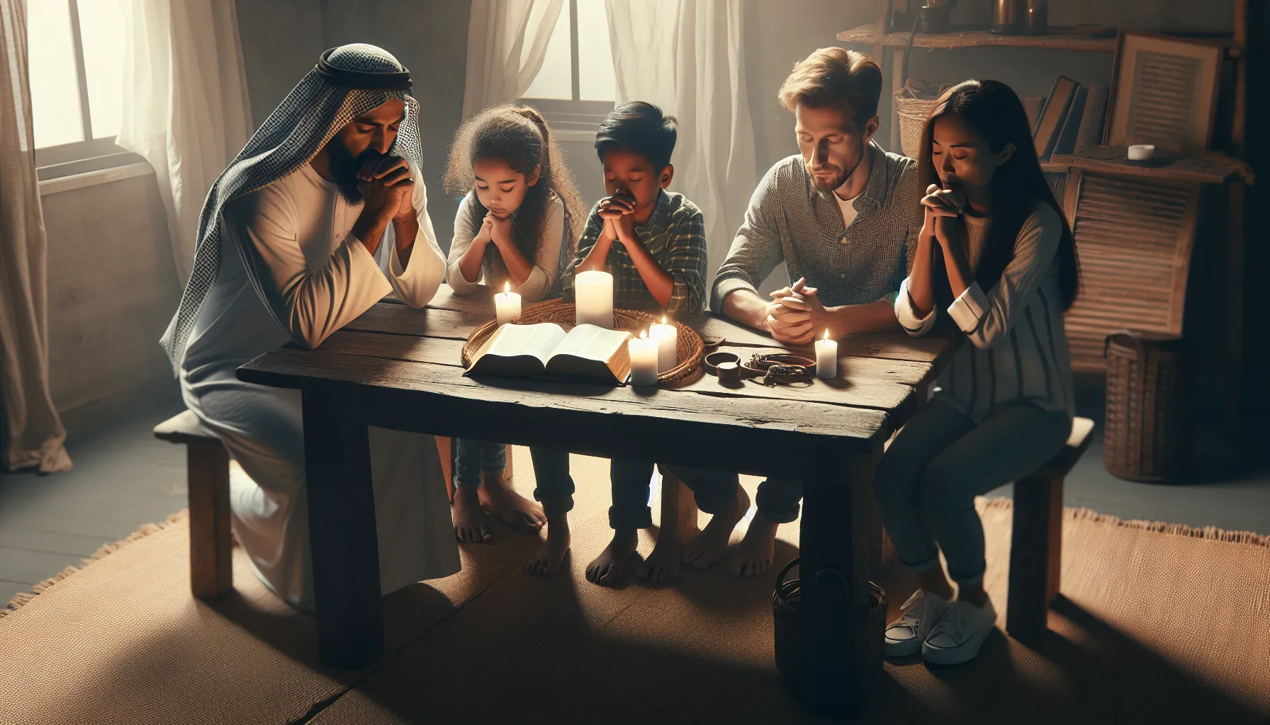 Ilustración de una familia unida rezando juntos