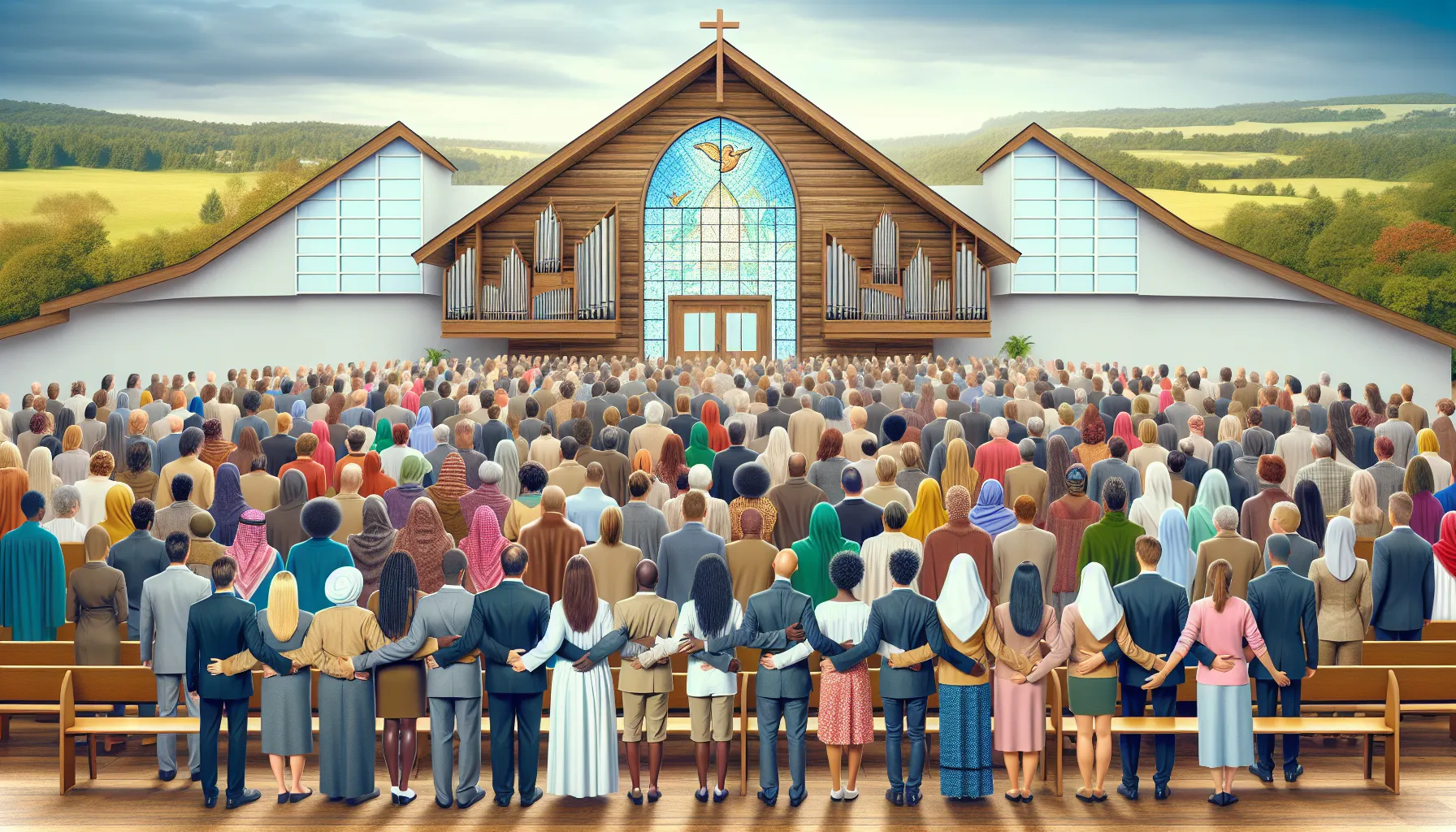 Imagen ilustrativa de una iglesia con personas unidas y armoniosas