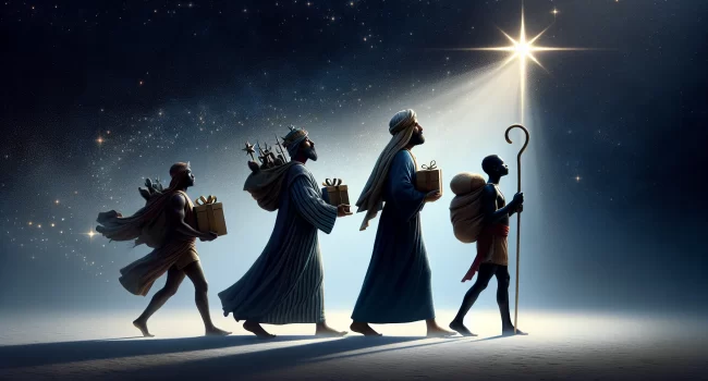 Imagen de tres figuras llevando regalos y siguiendo una estrella brillante en el cielo