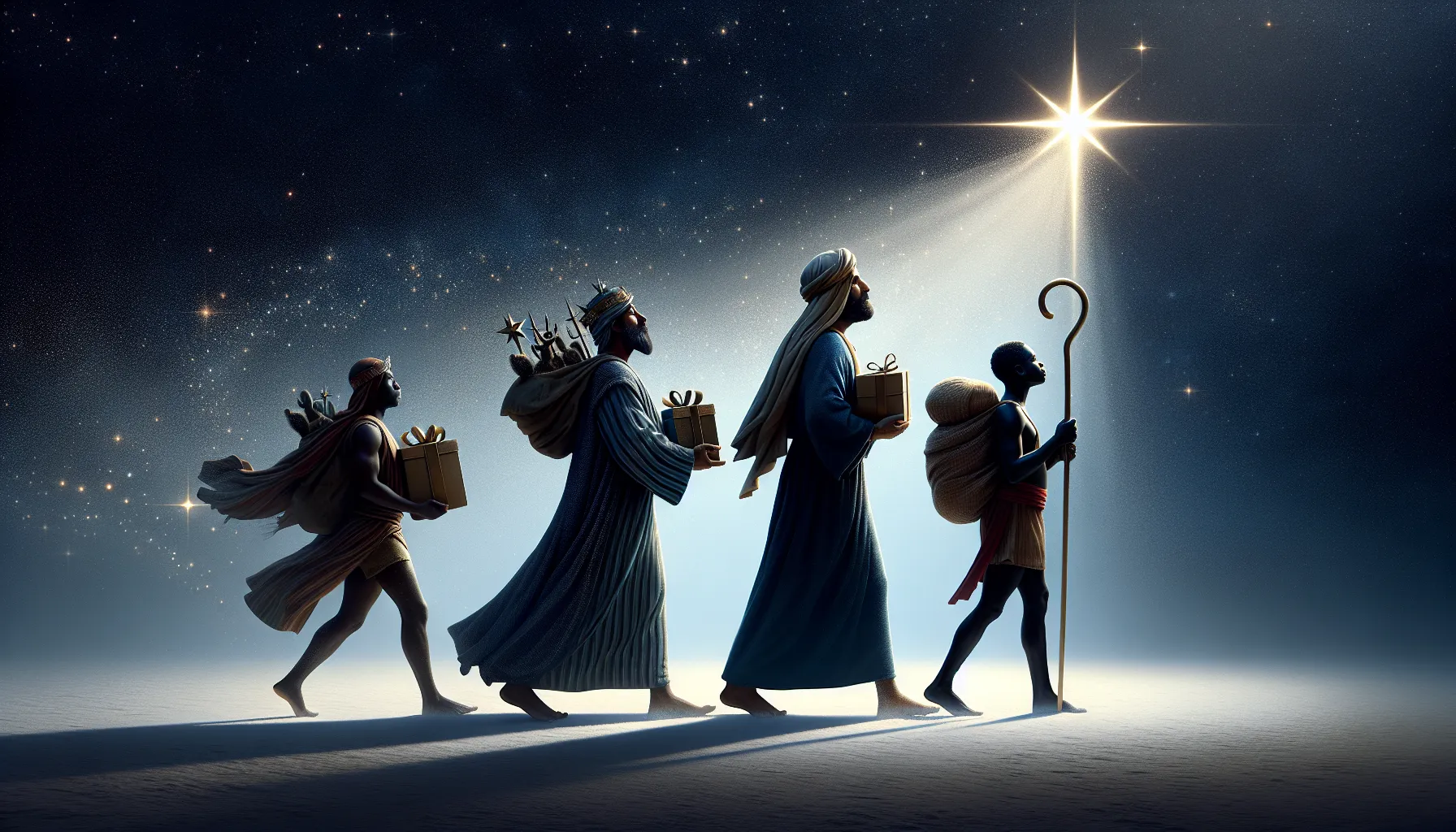 Imagen de tres figuras llevando regalos y siguiendo una estrella brillante en el cielo