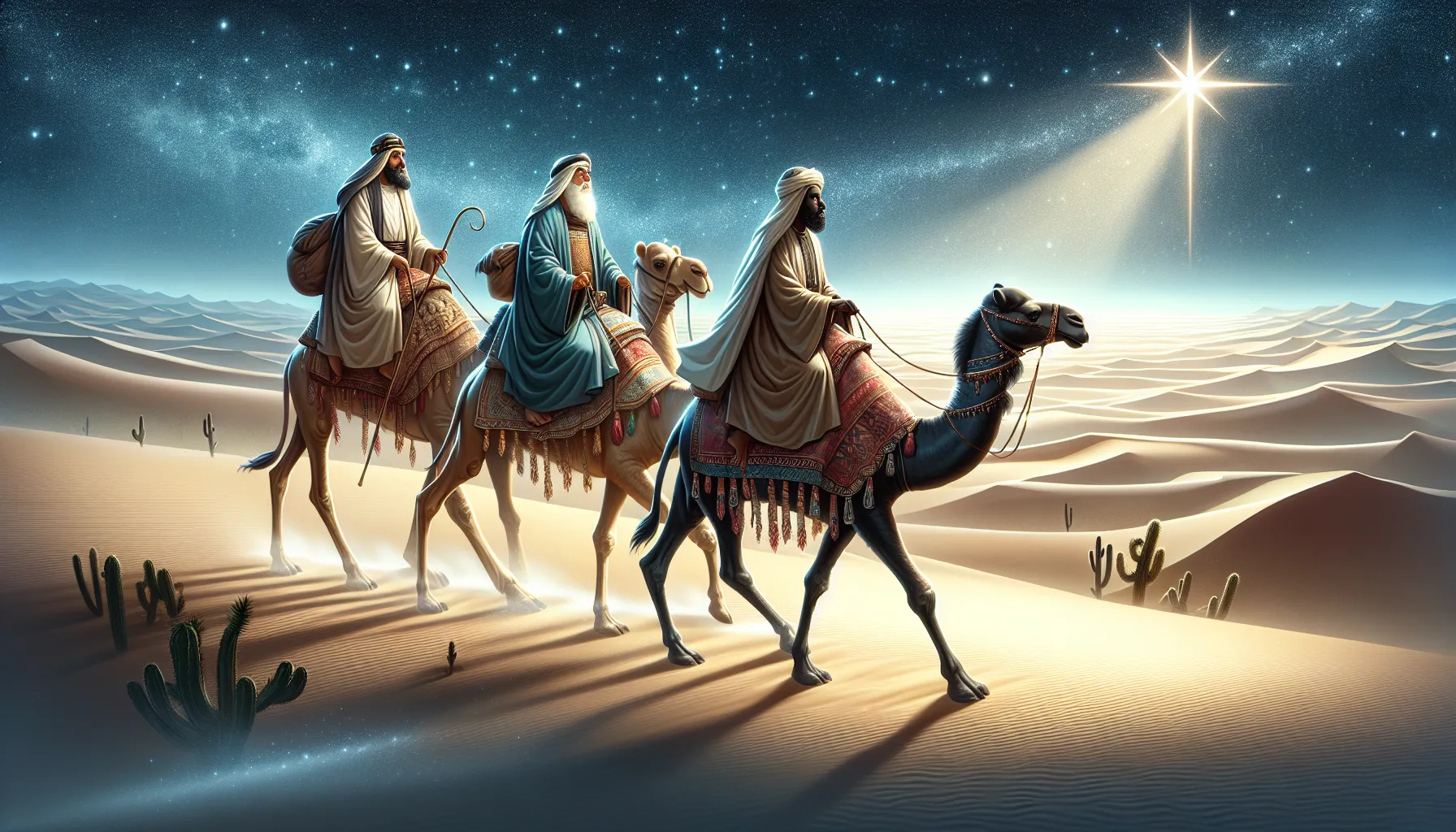 Imagen de los Reyes Magos siguiendo la estrella hasta Belén, según la narración bíblica.