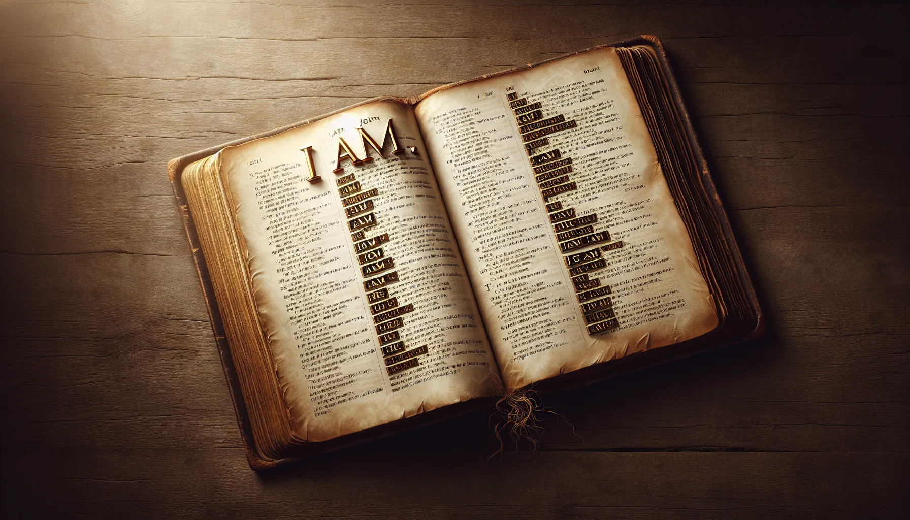 Imagen de un libro antiguo abierto con pasajes del Evangelio de Juan resaltando las afirmaciones de YO SOY en letras doradas.