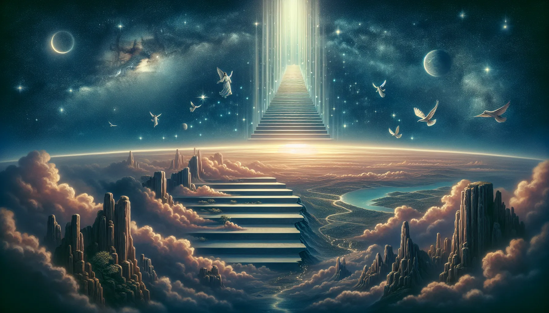 Imagen ilustrativa de un paisaje celestial con una escalera ascendente, simbolizando la llegada al paraíso de los creyentes del Antiguo Testamento tras su fallecimiento.