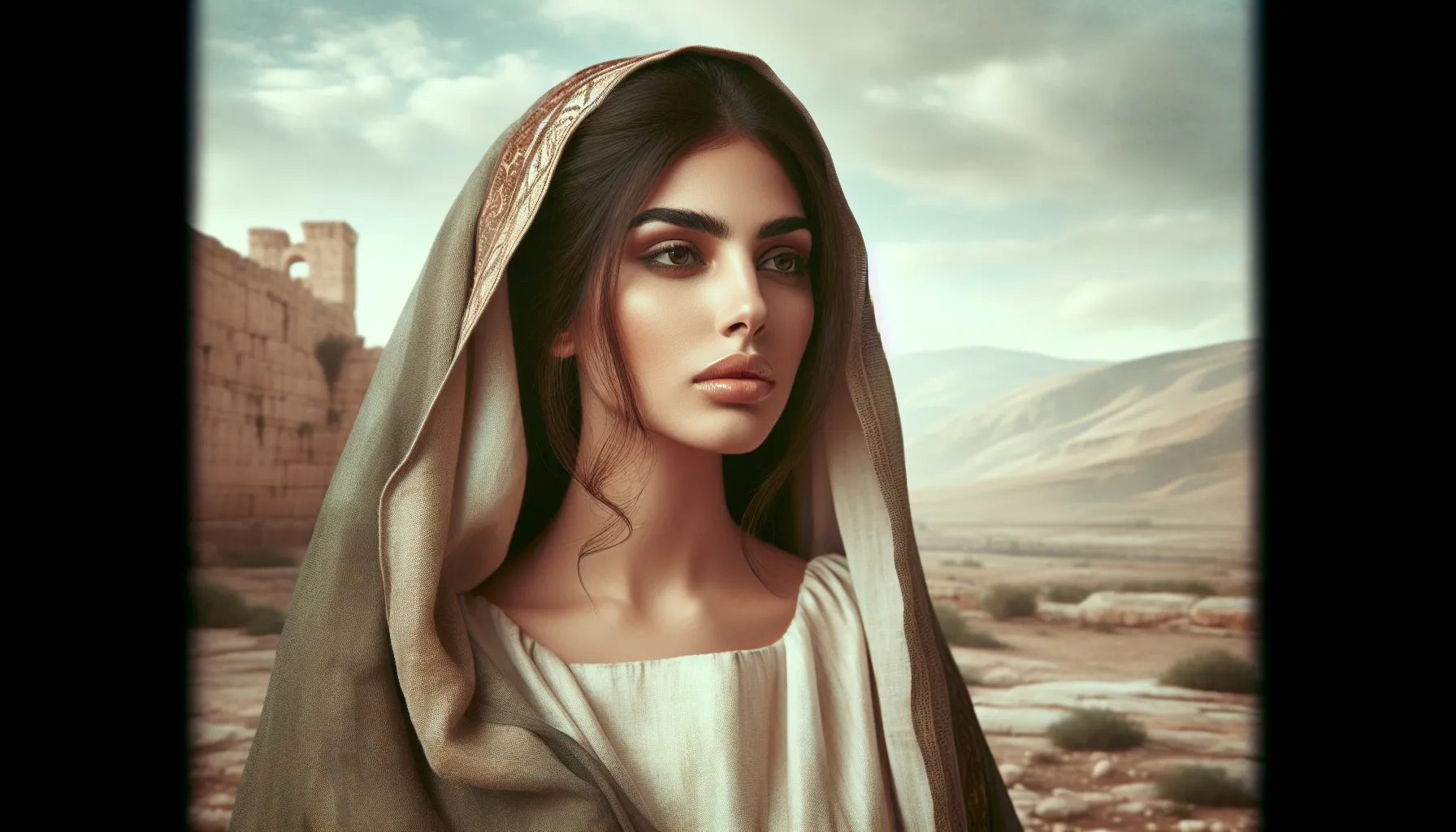 Retrato de María Magdalena con un fondo de paisaje antiguo, simbolizando su importancia histórica y espiritual.