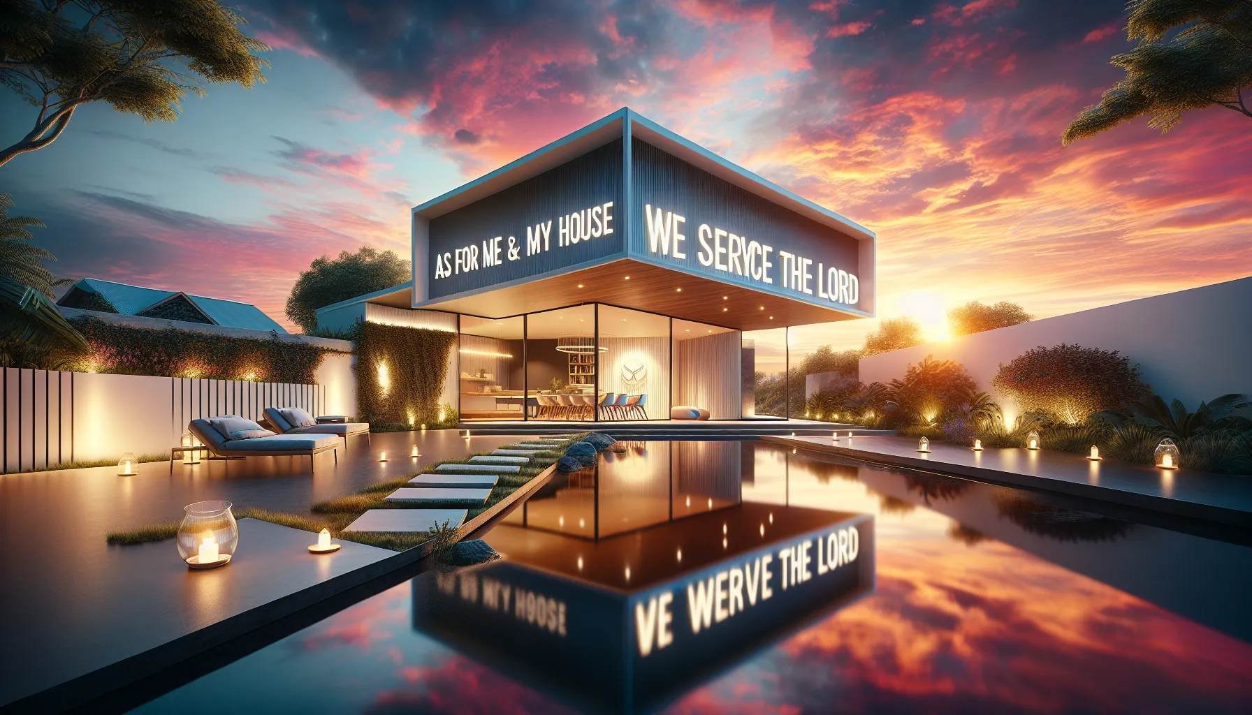 Fotografía inspiradora que representa el versículo bíblico 'Pero yo y mi casa serviremos al Señor' en un diseño moderno y elegante.