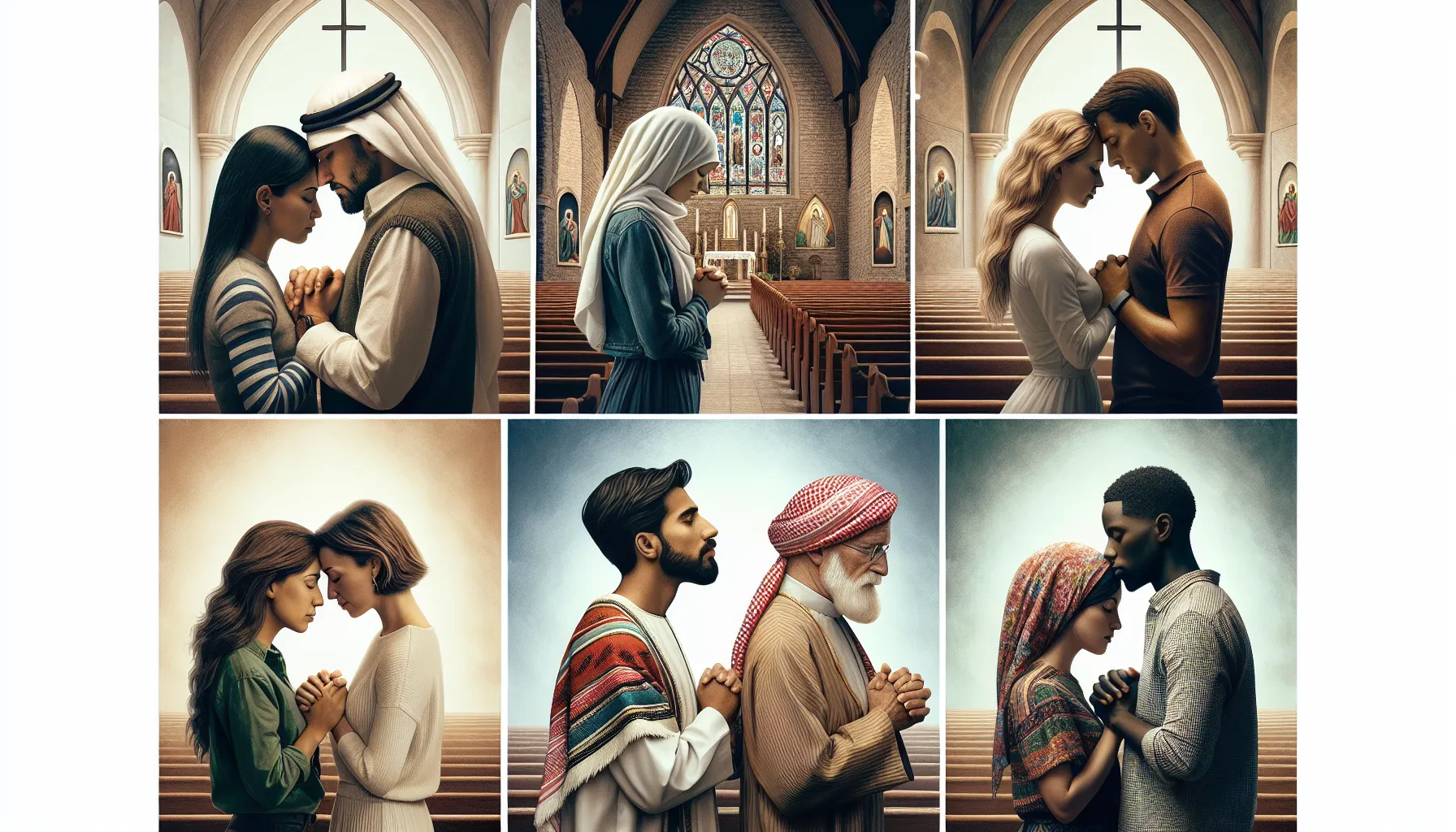 Imagen de parejas cristianas fortaleciendo su relación a través de la fe en distintas iglesias.