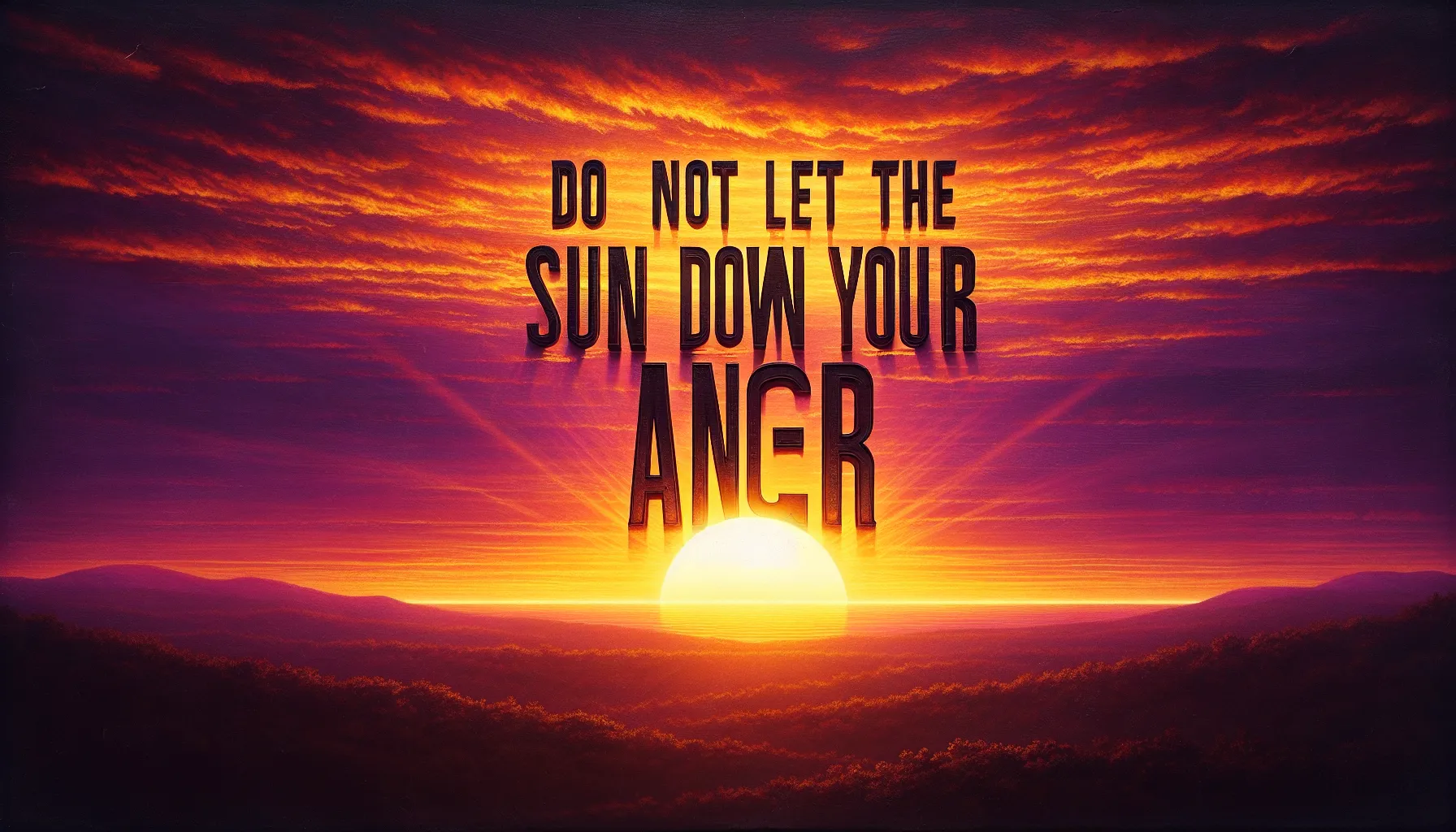 Imagen ilustrativa de un atardecer con letras en primer plano que dicen 'No se ponga el sol sobre vuestro enojo'.