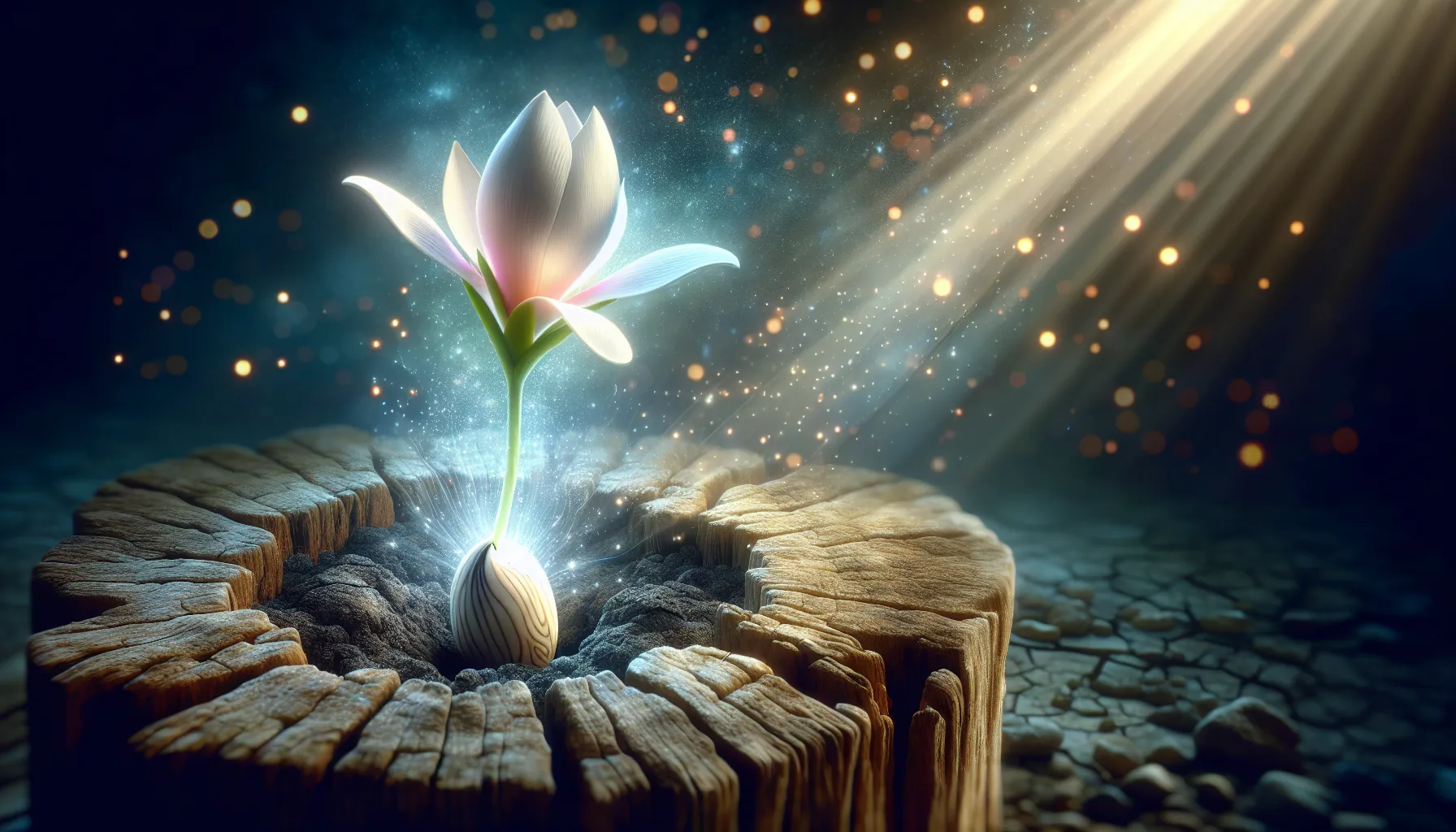 Representación artística de un renacer espiritual: una flor brotando de una semilla