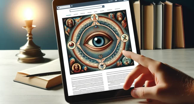 Símbolo del Ojo que Todo lo Ve representado en una ilustración con referencias bíblicas en un artículo web sobre su significado según la Biblia.
