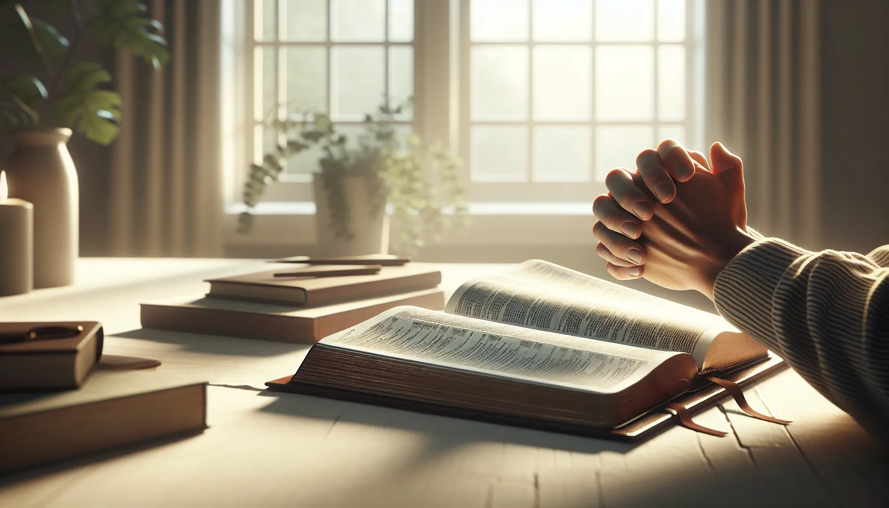 Imagen de una Biblia abierta y unas manos en posición de oración, representando el fortalecimiento de la fe y la oración según las enseñanzas bíblicas.