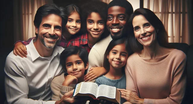 Imagen de una familia cristiana reunida y sonriente