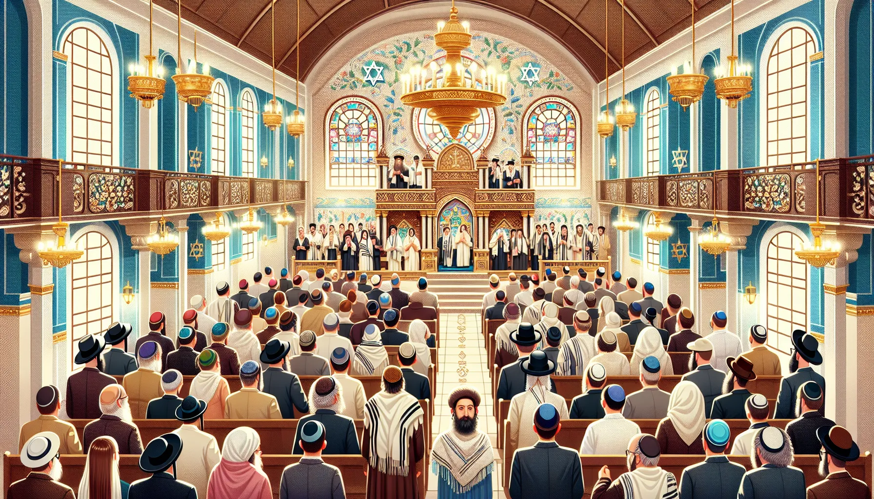 Imagen ilustrativa de una sinagoga durante una festividad religiosa judía, representando la práctica del judaísmo ortodoxo.