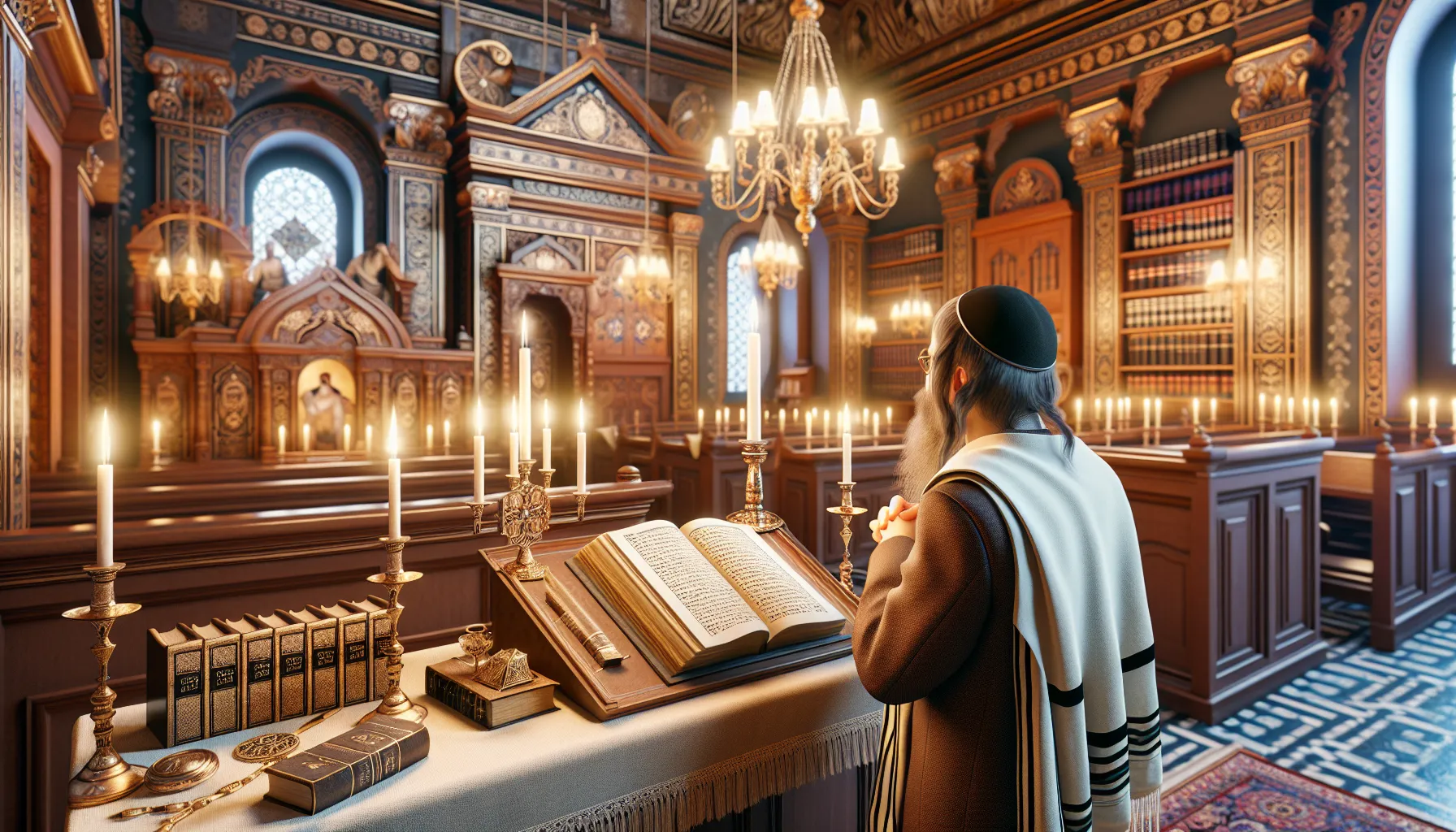 Persona judía practicando rituales religiosos en una sinagoga ortodoxa.