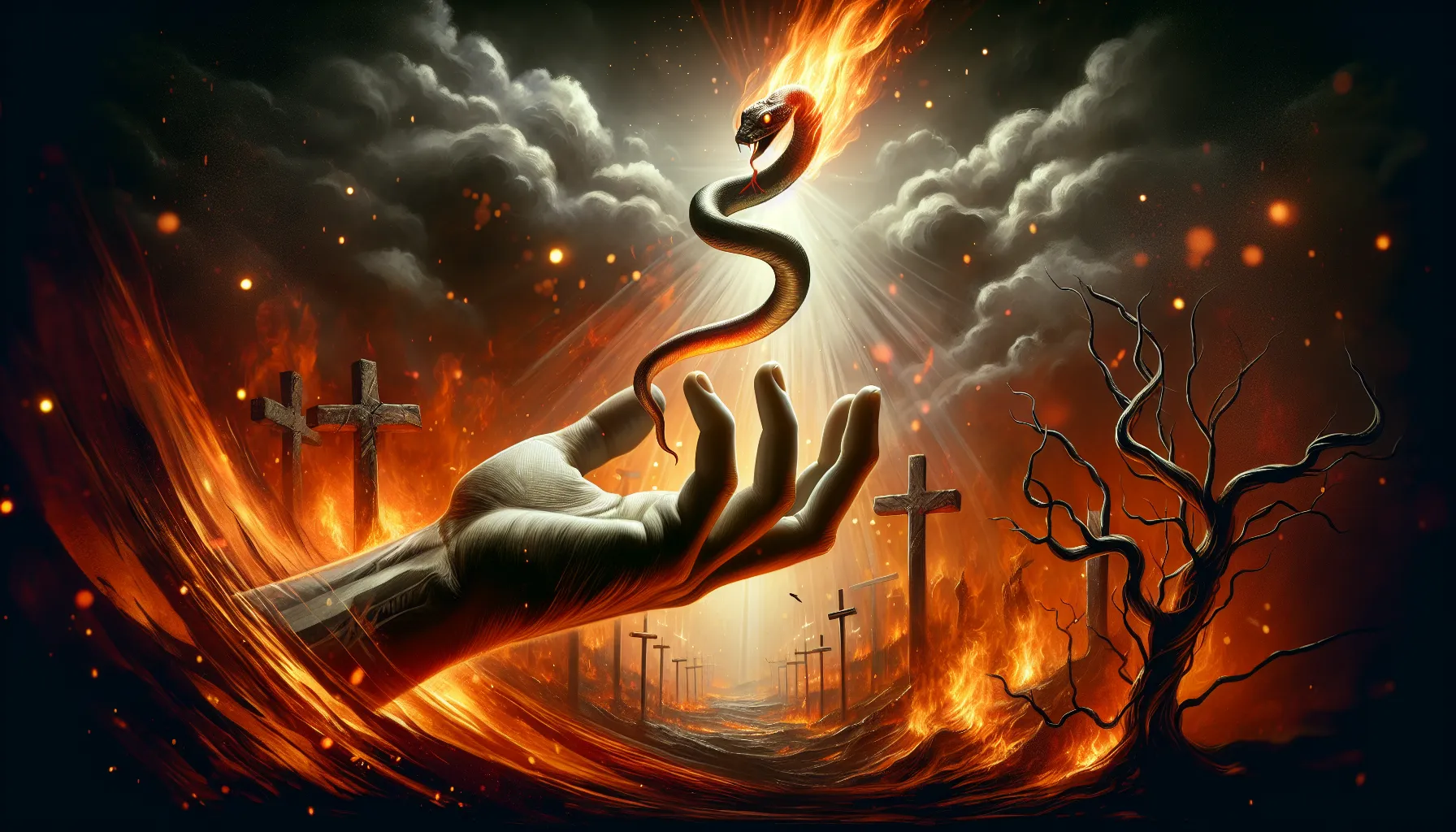 Ilustración del pecado de muerte en la Biblia: una mano extendida hacia una serpiente en llamas'.