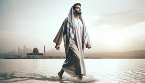 Hombre caminando sobre el agua con una expresión de confianza y superación en su rostro