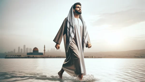 Hombre caminando sobre el agua con una expresión de confianza y superación en su rostro