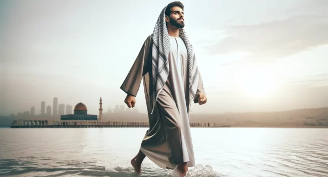 Hombre caminando sobre el agua con una expresión de confianza y superación en su rostro