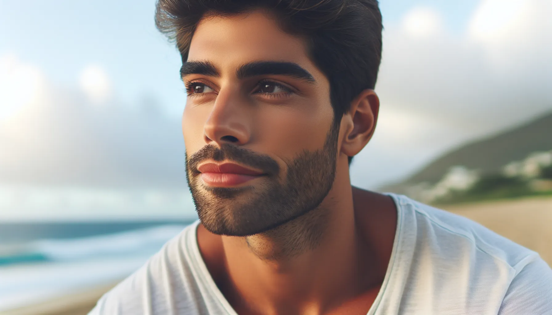 Una imagen de una persona reflexiva mirando al horizonte con expresión de serenidad y aceptación