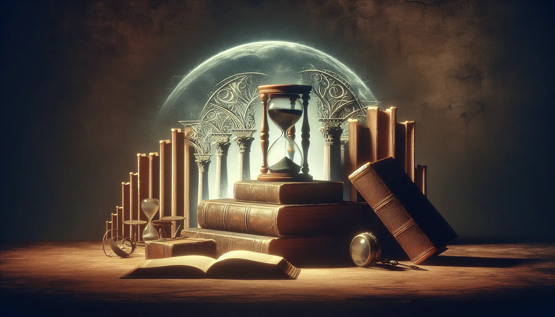 Imagen con silueta de libros antiguos y reloj de arena para representar el misterioso período Intertestamentario.