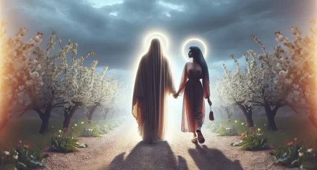 Imagen de una persona caminando de la mano con una silueta de Jesucristo