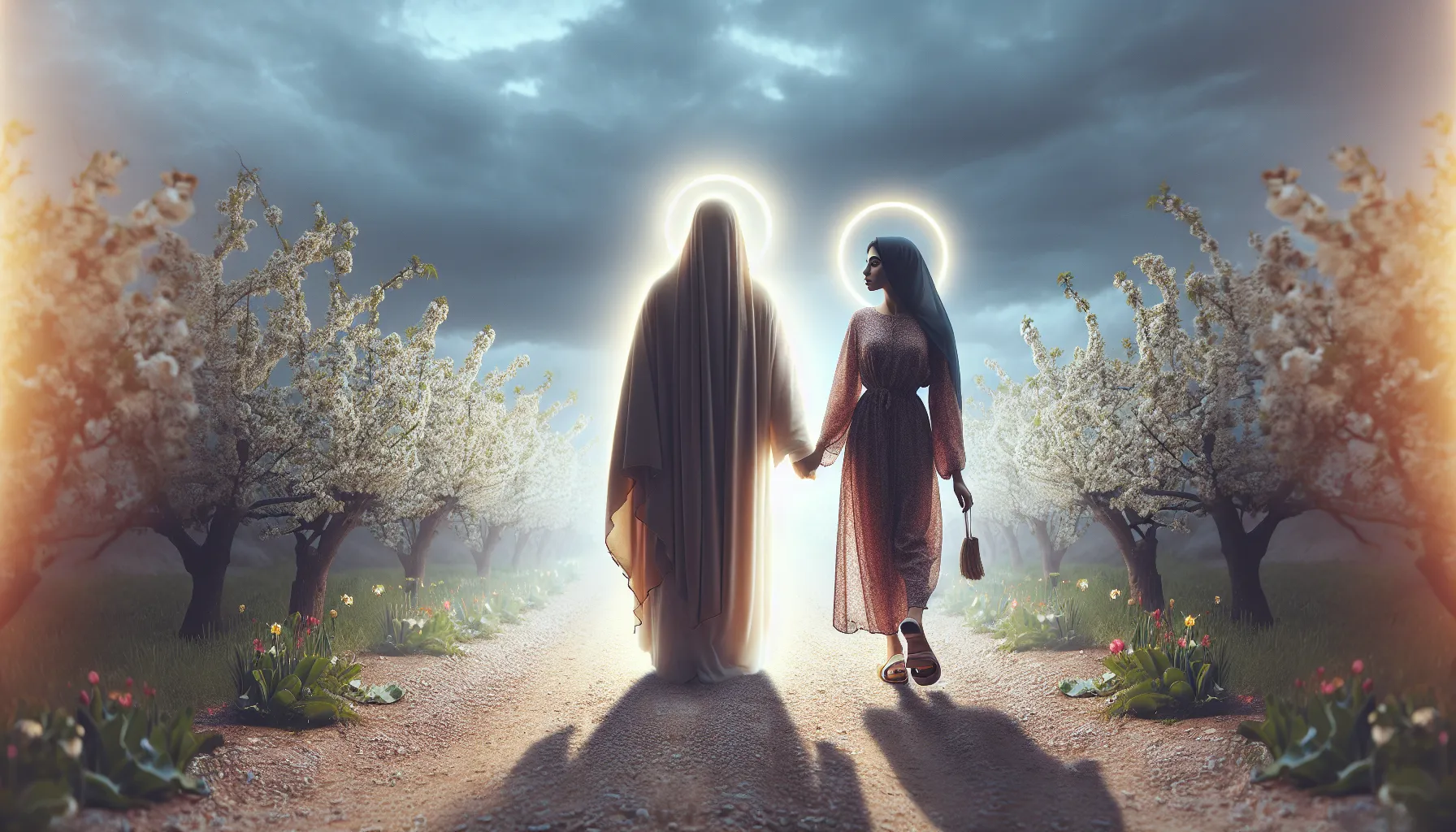 Imagen de una persona caminando de la mano con una silueta de Jesucristo