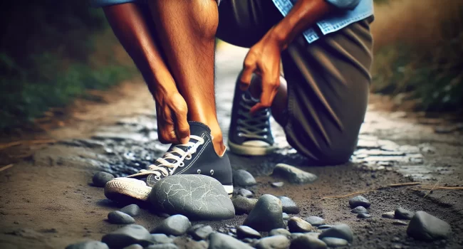 Imagen de una persona caminando y tropezando con una piedra en el camino