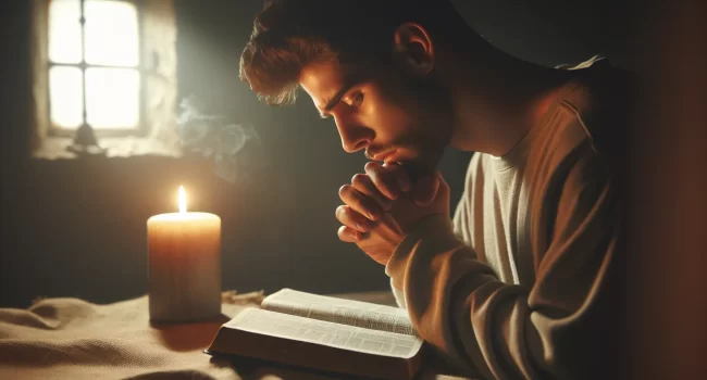 Una persona de fe orando con la Biblia abierta y una vela encendida en un ambiente tranquilo y sereno.