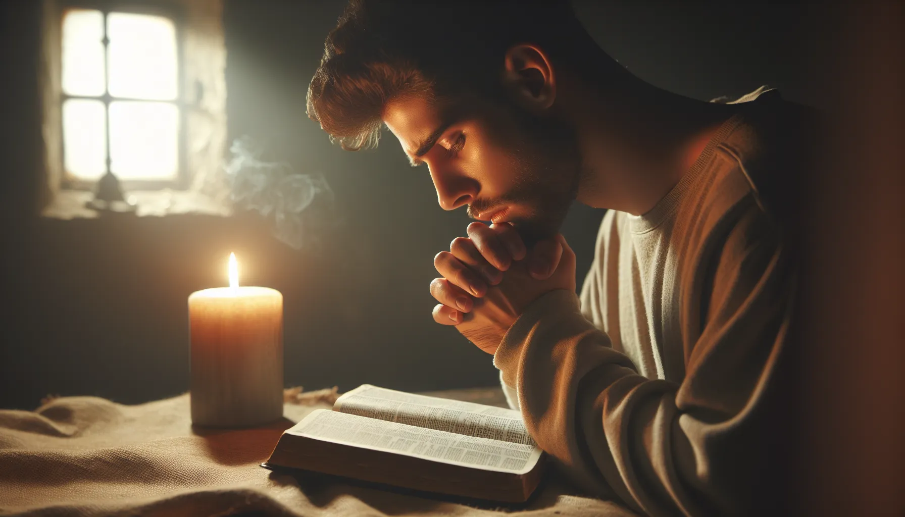 Una persona de fe orando con la Biblia abierta y una vela encendida en un ambiente tranquilo y sereno.