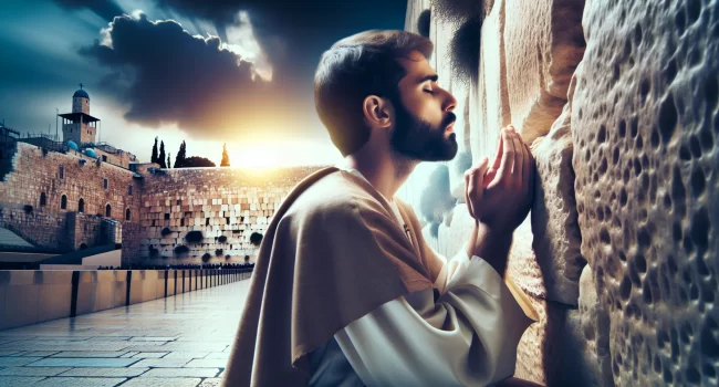 Imagen de una persona cristiana orando frente al Muro de los Lamentos en Jerusalén