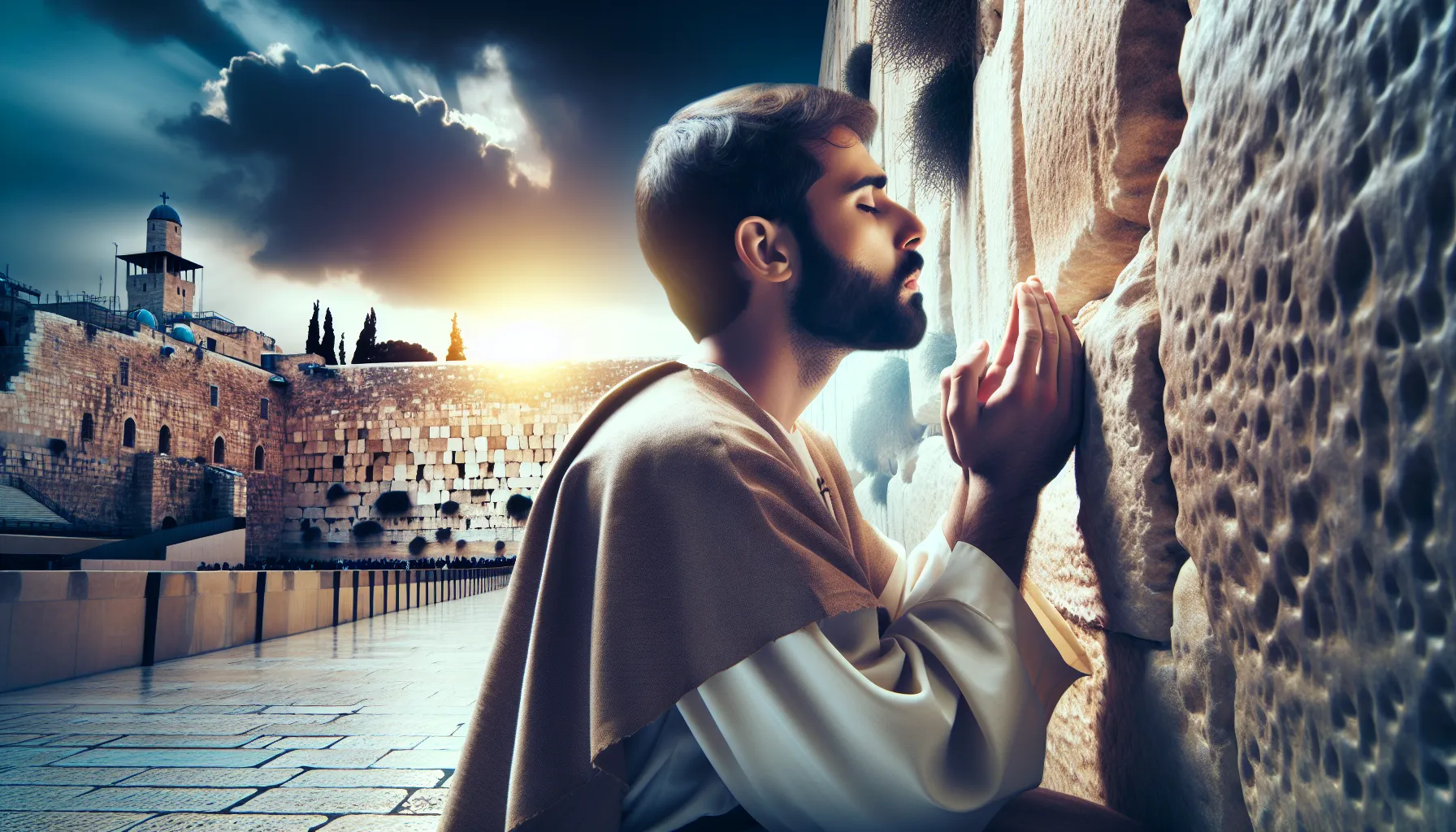 Imagen de una persona cristiana orando frente al Muro de los Lamentos en Jerusalén