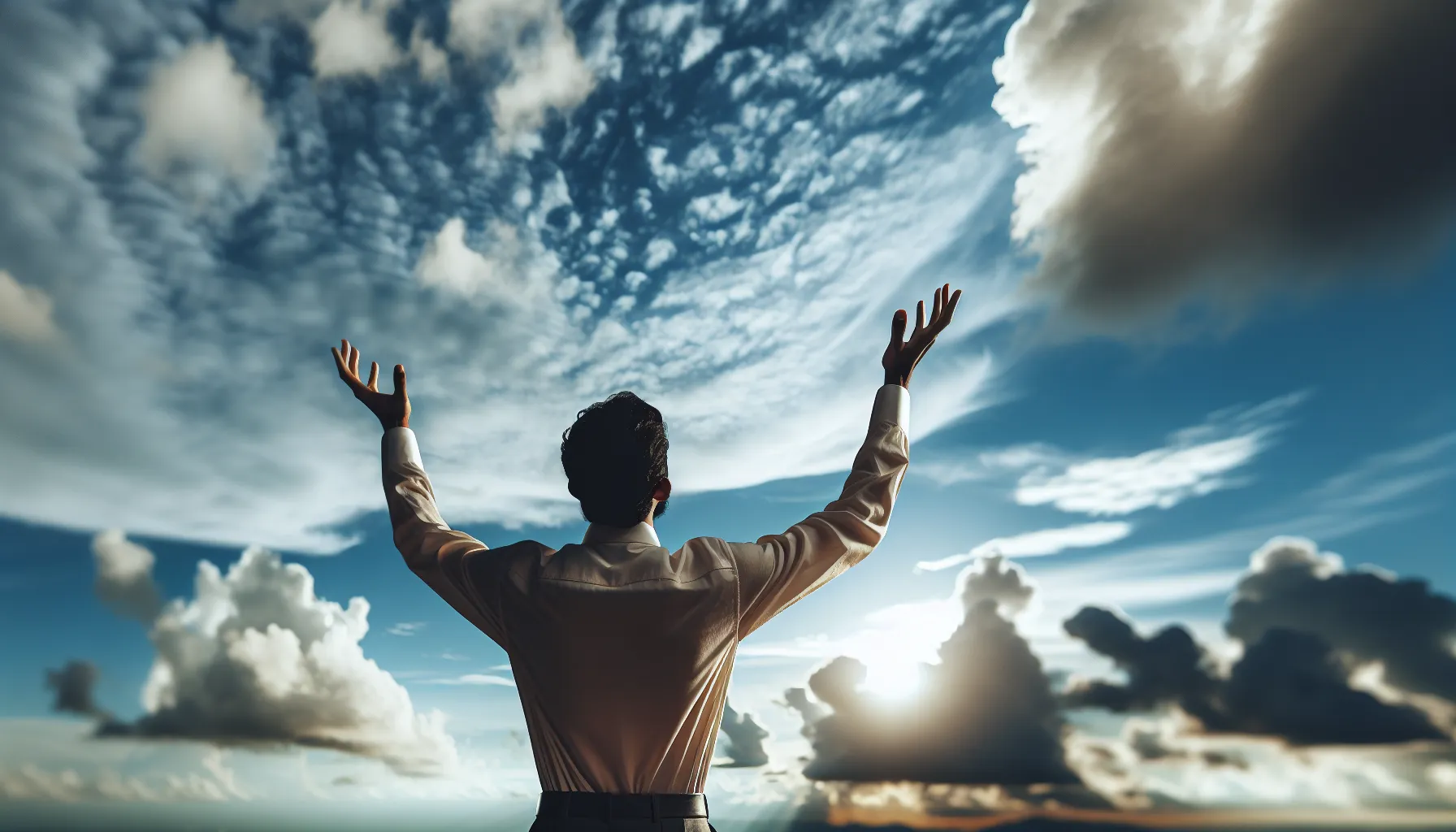 Imagen principal de un hombre levantando las manos al cielo en busca de respuestas, con un fondo de cielo azul y nubes blancas.