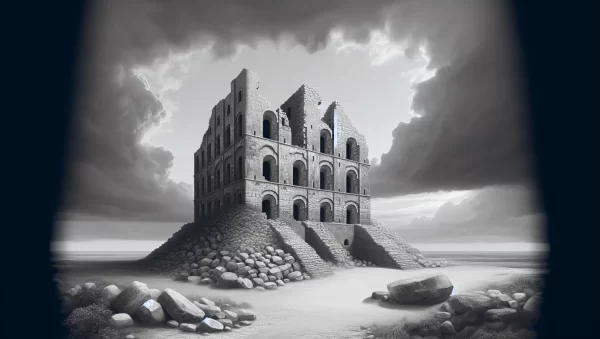 Imagen de una torre medieval en ruinas representando la destrucción de la Torre de Babel según la tradición religiosa.