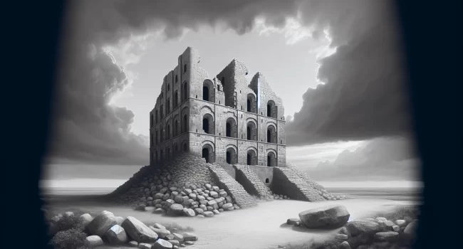Imagen de una torre medieval en ruinas representando la destrucción de la Torre de Babel según la tradición religiosa.