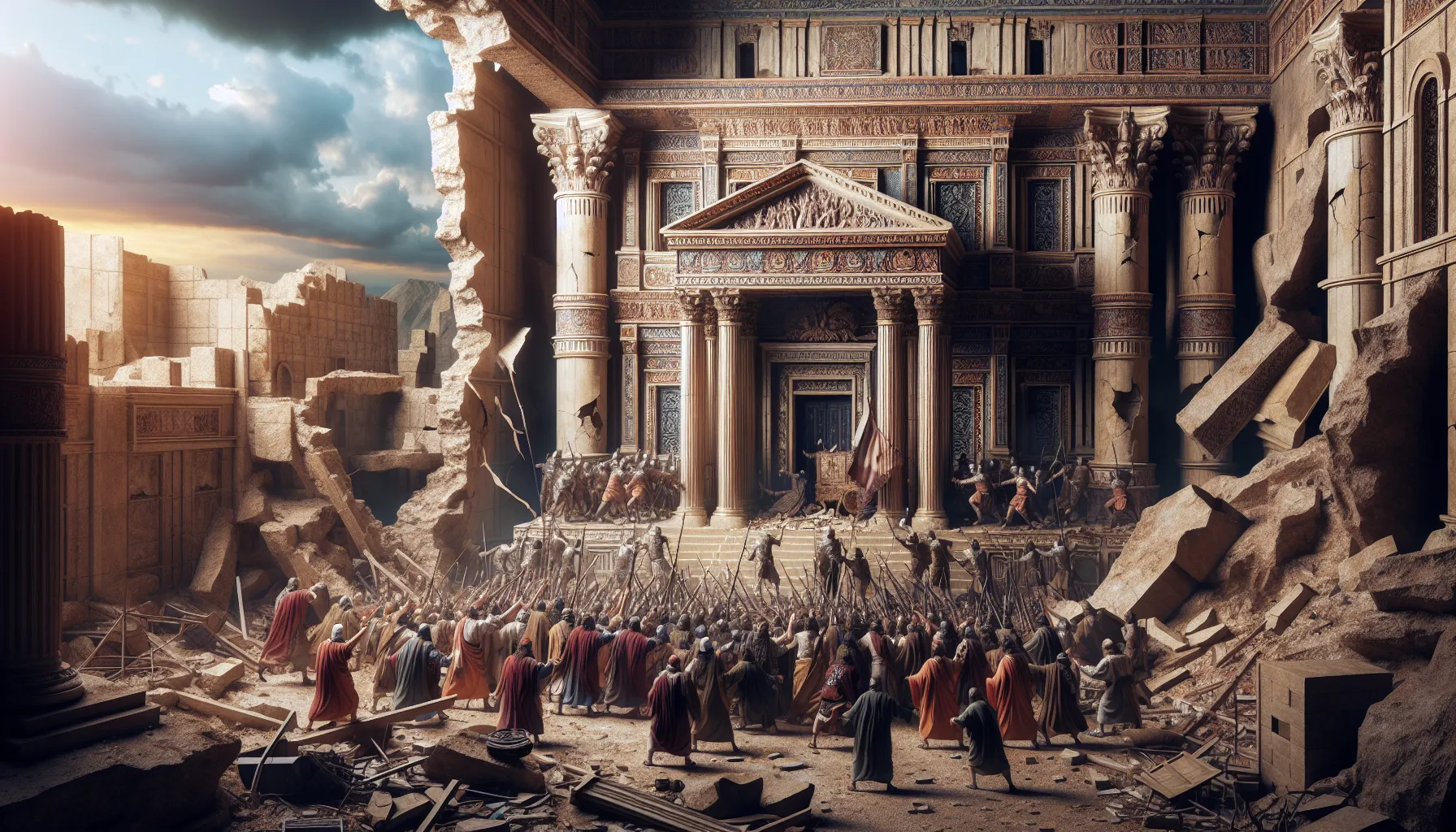 Representación visual de la destrucción del Templo de Jerusalén y el exilio babilónico del pueblo de Israel.