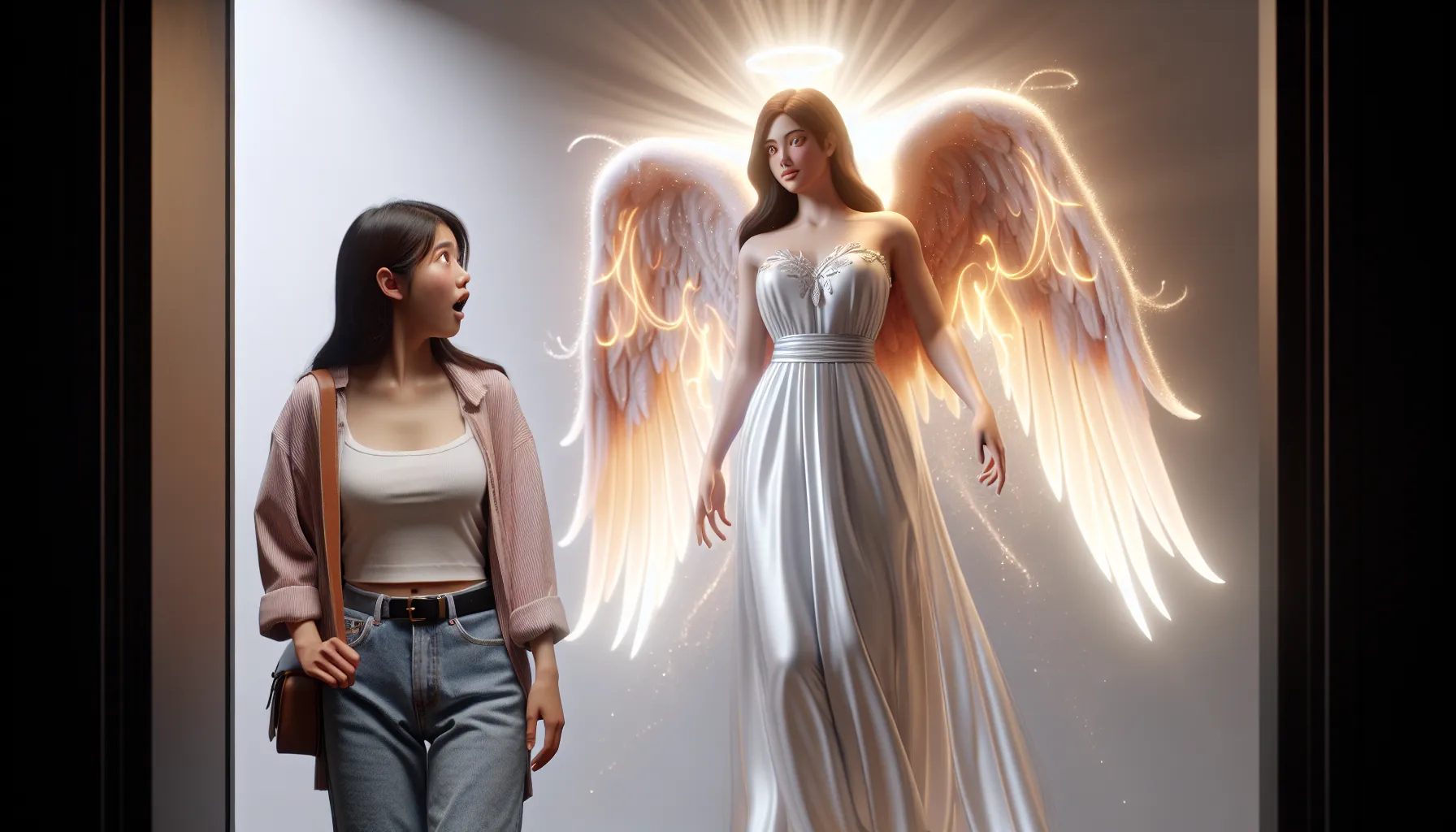 Imagen de un ángel con una apariencia moderna apareciendo frente a una persona sorprendida.