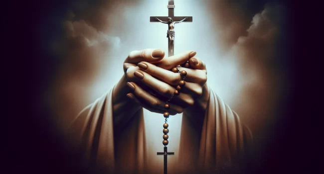 Imagen de manos sosteniendo un rosario con una cruz de fondo