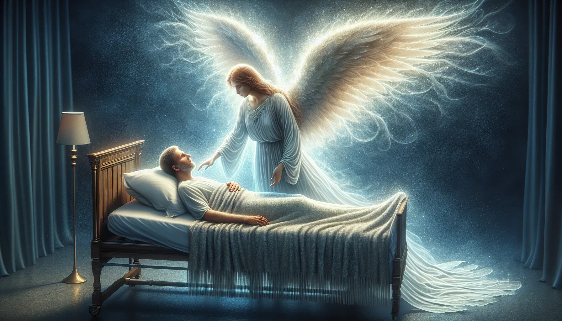 'Ilustración de un ángel consolando a una persona enferma, reflejando la presencia de Dios en medio de la enfermedad'.