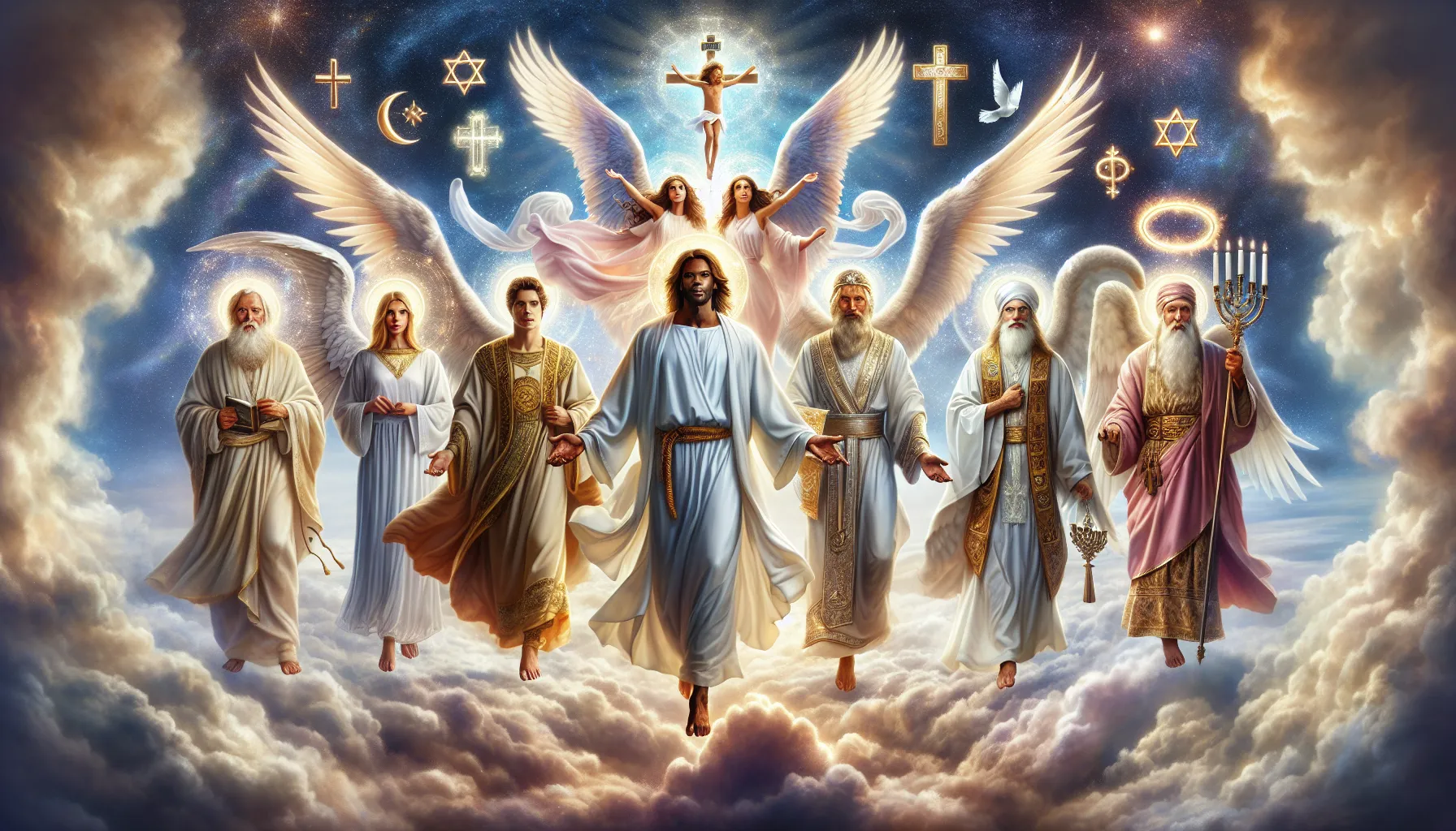 Imagen ilustrativa de la representación de los Principados y Potestades en la Biblia, con figuras angelicales y símbolos religiosos.