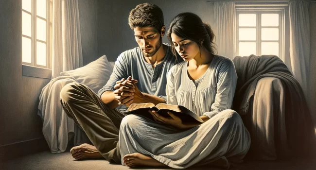 Representación gráfica de un matrimonio cristiano leyendo la Biblia juntos y orando juntos