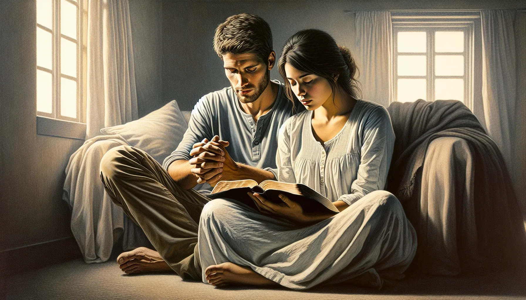 Representación gráfica de un matrimonio cristiano leyendo la Biblia juntos y orando juntos