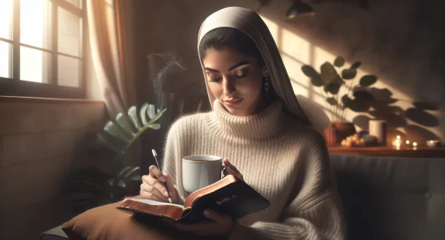 Una mujer leyendo la Biblia mientras disfruta de una taza de café