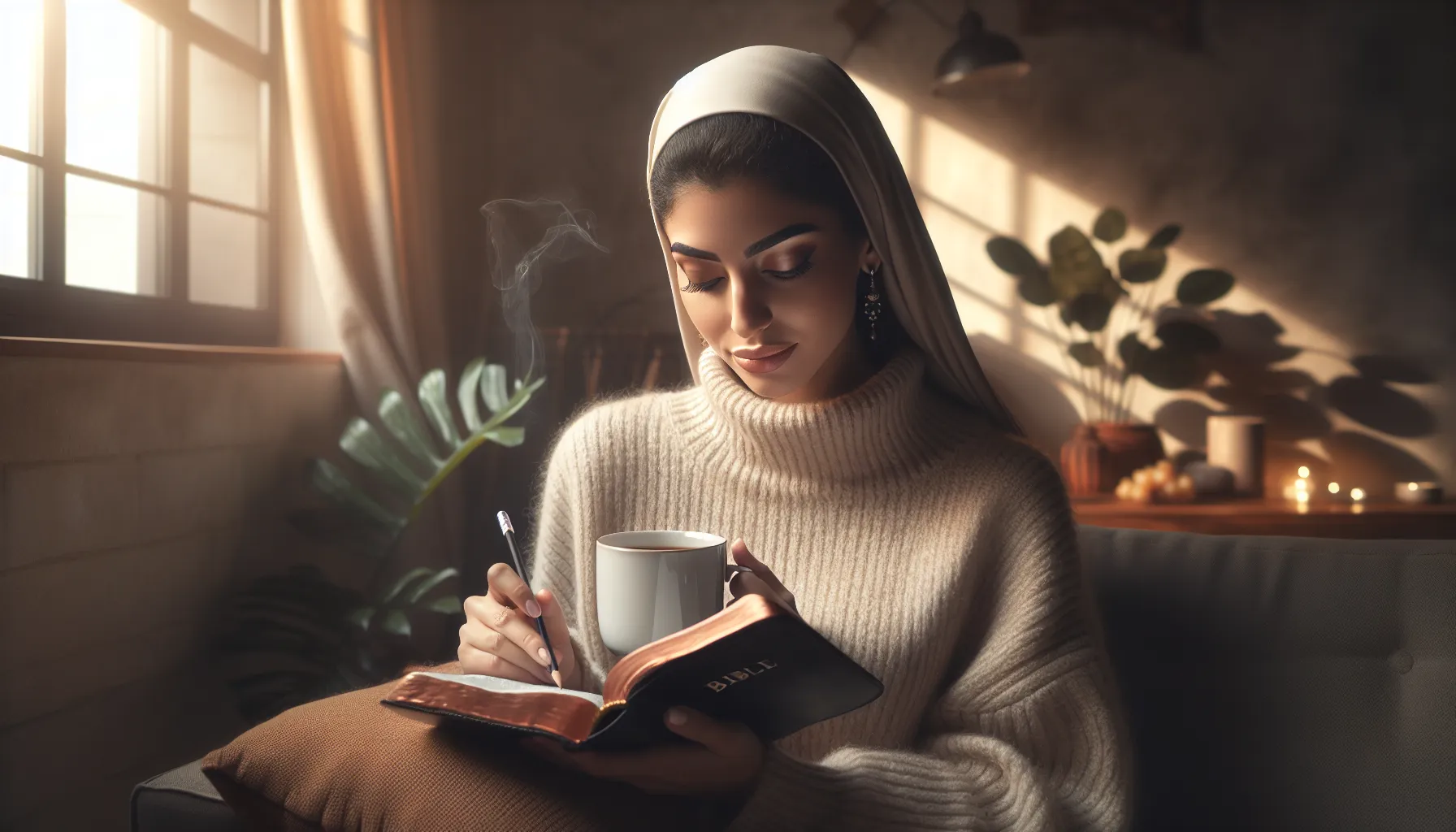 Una mujer leyendo la Biblia mientras disfruta de una taza de café
