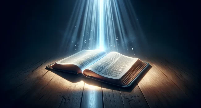 Imagen de una Biblia abierta con una luz brillante sobre el texto