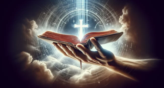 Una mano sosteniendo una Biblia abierta con una cruz enmarcada por una luz celestial