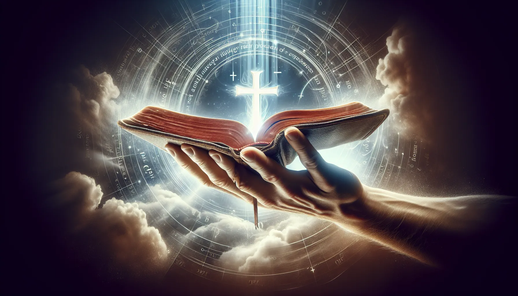 Una mano sosteniendo una Biblia abierta con una cruz enmarcada por una luz celestial